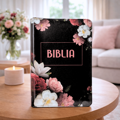 Biblie marime medie, piele ecologică, model floral negru, fermoar, index, margini aurii, cuv. lui Isus cu rosu